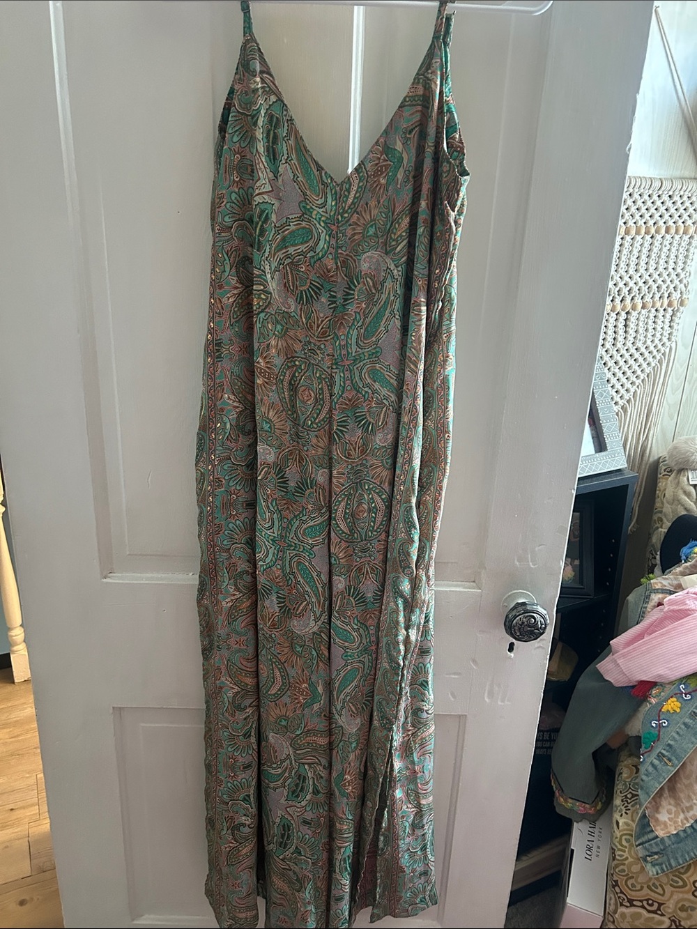Paisley Print Spaghetti-Strap Maxi Romper in Green and Tan